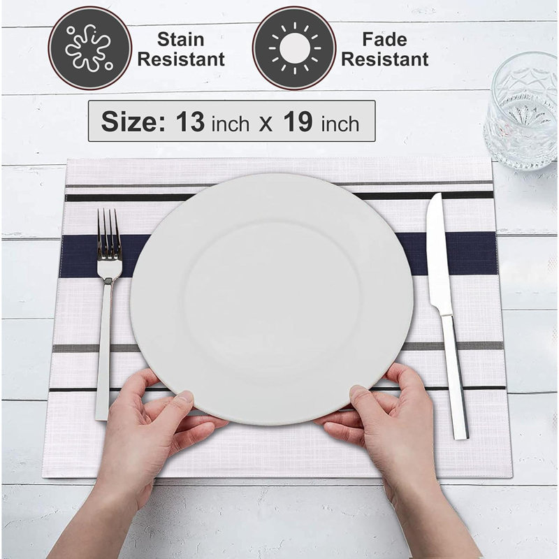 Ensemble de napperons de table de salle à manger 100% coton Placemats, À rayures, Blanc / Bleu marine