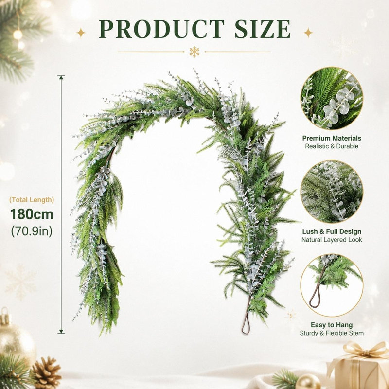 Guirlande de verdure de Noël 70,9 pouces, pin mélangé et vigne suspendue en eucalyptus pour cheminée