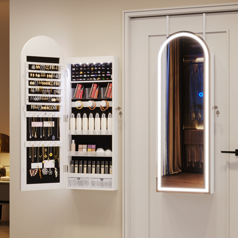 Armoire à bijoux murale 15,75 po avec miroir pleine longueur, Blanc