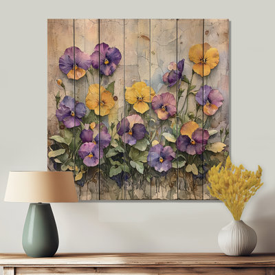 «Wild Pansy Patch At The Farm III» - Art mural en bois pensées - sur bois de pin naturel