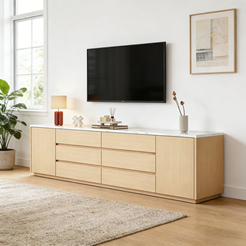 Meuble télé simple et élégant avec rangement, Blanc / bois noueux