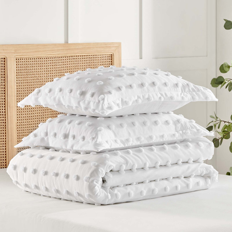 Ensemble d'édredon très grand à pompon blanc, Édredon très grand + 2 taies décoratives