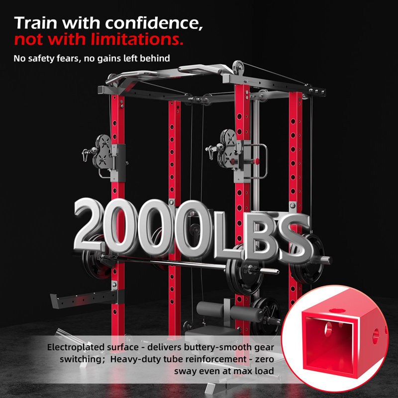 Power Squat Rack Cage, 2000lbs Weight Cable Machine With Lat Pulldown For Home Gym