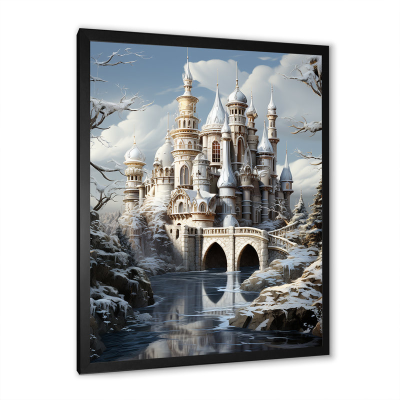 «Frosty Winter Castle Landscape I», art mural paysage d'hiver, Cadre photo noir simple, H 32 po x l 16 po x P 1 po