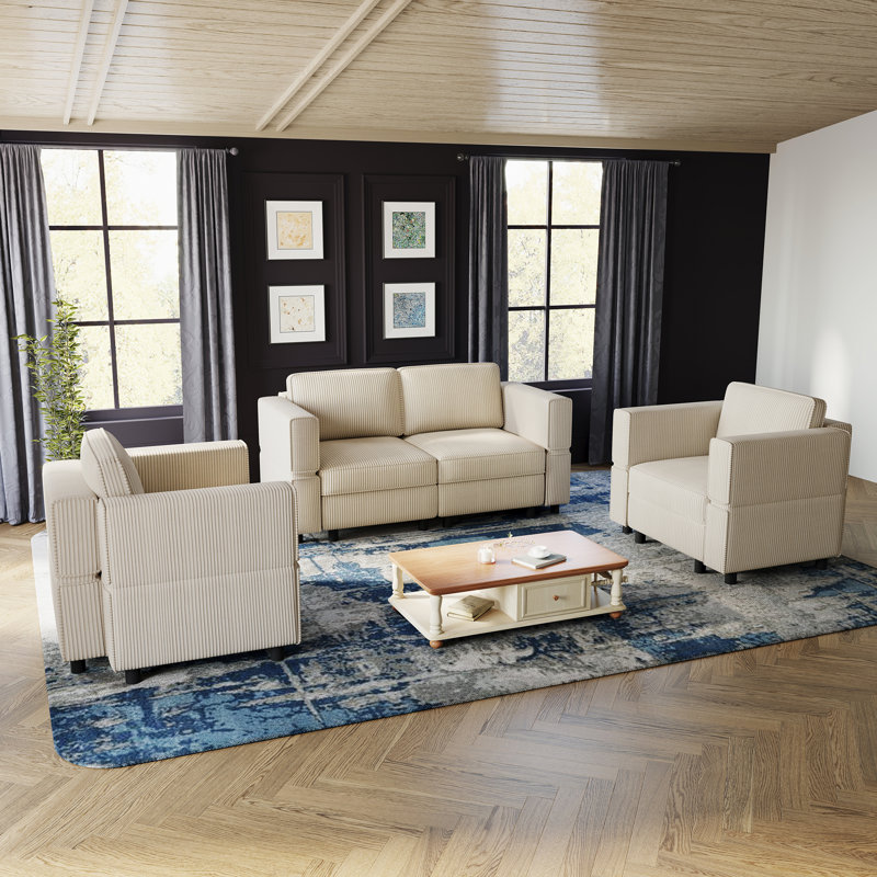 Ensemble de salon modulaire rembourré Elda, Velours côtelé beige
