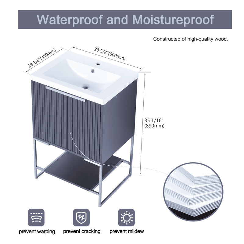Meuble-lavabo autoportant de 24 po avec lavabo en résine et grand espace de rangement, Chêne / noir