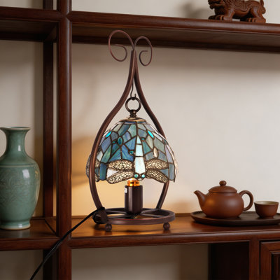 Tiffany Style Dragonfly 1-Light Table Lamp - 16.5" Stained Glass Desk Lamp With Bronze Iron Base For Bedroom, Living Room & Office