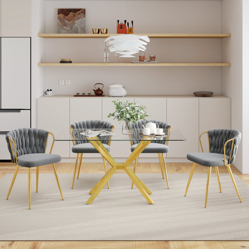 Modern 47.24-Inch Rectangular Glass Dining Table Set With Velvet-Upholstered Armchairs, Space-Saving Dining Furniture Set For Dining Rooms, Kitchens, Breakfast Nooks, Small Spaces, And Apartments