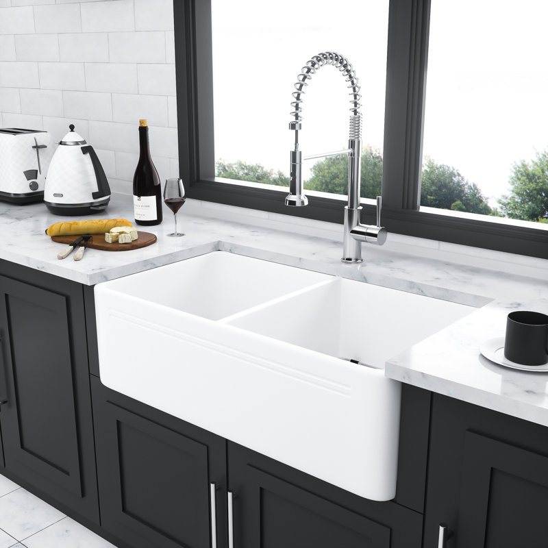 33 Inch Double Bowl White Ceramic Sink - Kitchen Use Strong Durability, Heat , Scratch Chip Discoloration Appealing 33" Farm 50/50 Highly , Scratch-, Chip-, , Graceful