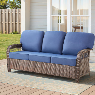 75-Inch Outdoor Wicker Patio Sofa With Blue Cushions And Thick Foam For Backyard Or Porch | Gift Idea