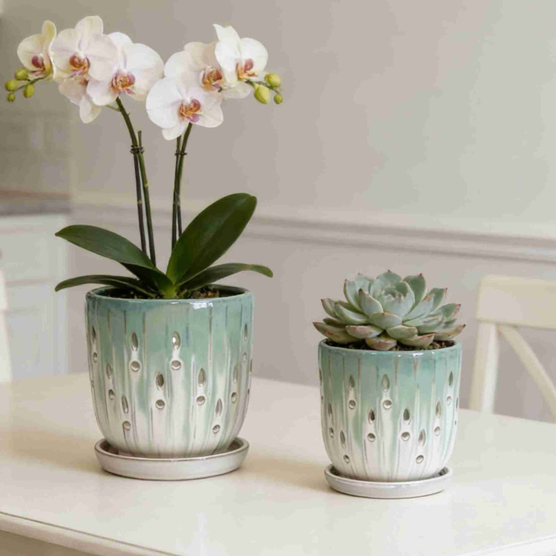 Pot de fleurs en céramique de haute qualité, Blanc/vert
