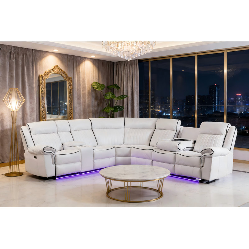 Canapé modulaire inclinable électrique avec lumières à DEL en cuir blanc, Simili cuir blanc