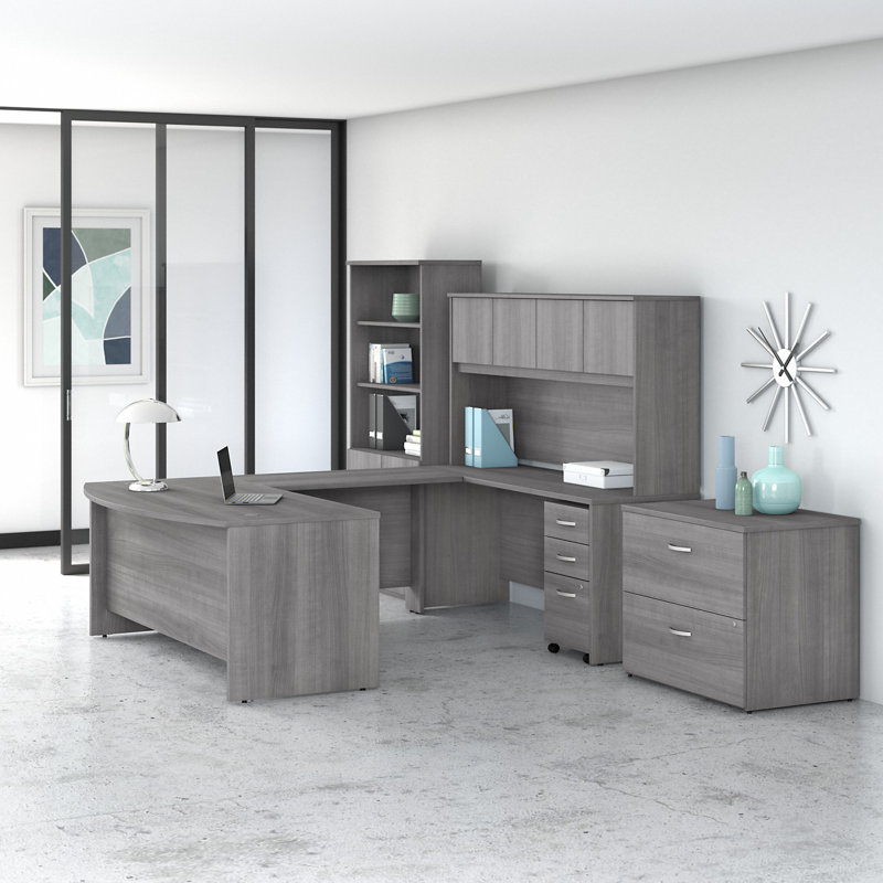 Studio C  8-Piece U Shaped Executive Desk Office Set with Hutch, Platinum Gray