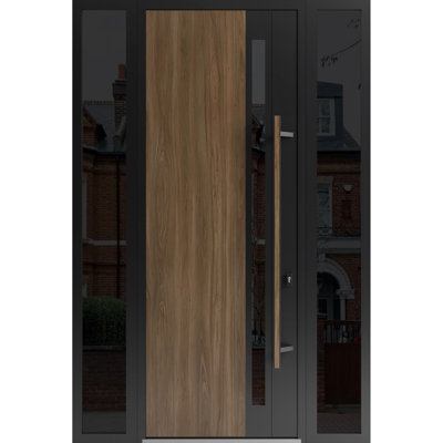 Front Exterior Prehung Steel Door / Dekton 0163 Venezia Noce / 2 Side Exterior Windows Sidelites/ Entry Metal Modern Painted W14+36+14" x H96" Left hand Inswing