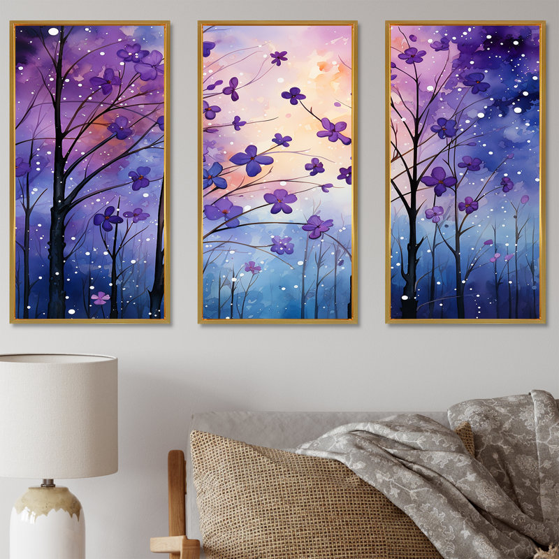 «Sureal Enchantment - Violets», ensemble d'art sur toile, Cadre flottant doré, H 28 po x l 36 po x P 1 po