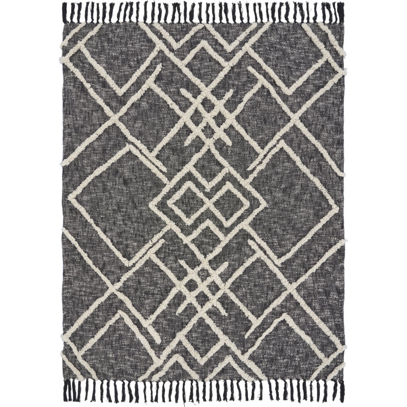 Handwoven Black and White Cotton Diamond Pattern Throw Blanket