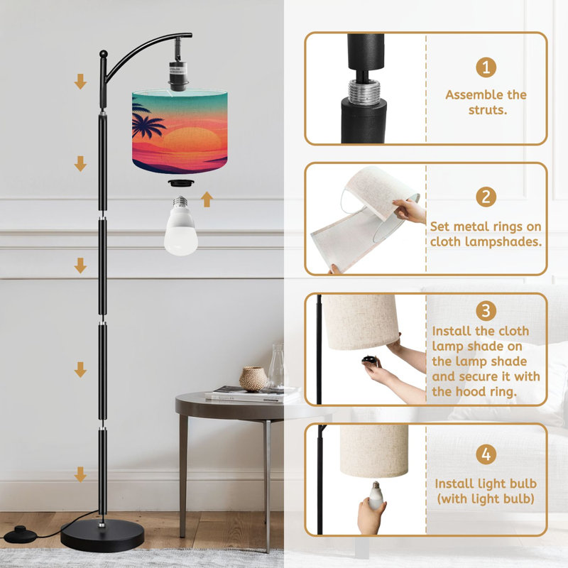  Lampe sur pied arc arc-en-ciel, paysage plat, coucher de soleil, palmiers, haut, moderne, debout, lampe sur pied, abat-jour réglable en lin, 3 températures de couleur