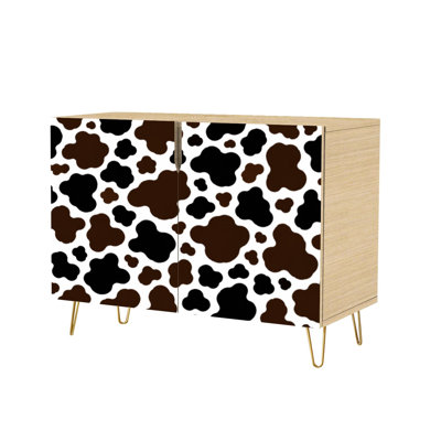Buffet à deux portes avec rangements dissimulés, apparence cuir imprimé vachette, motif camouflage, meuble multifonctionnel pour salon, cuisine ou coin café.