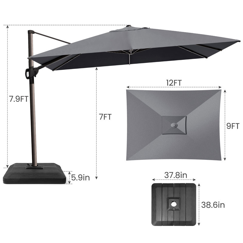 12' X 9' Rectangular Cantilever Umbrella With Counter Weights, Gris foncé