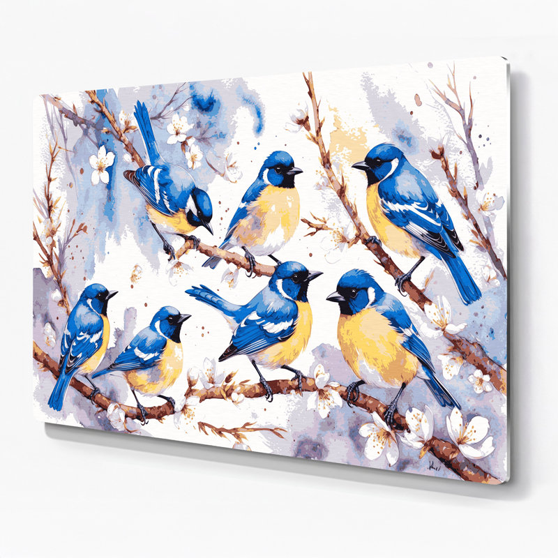Oiseaux, mésange bleue, art mural en métal beige, H 132 po x l 168 po x P 0,05 po