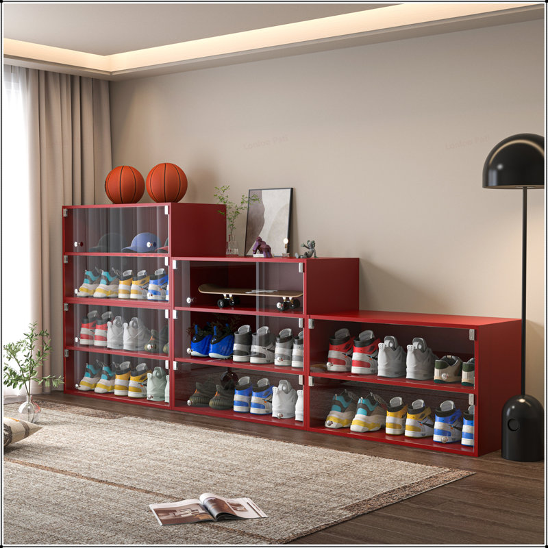 Innovative Wooden Shoe Cabinet with RGB LED Light for Sneaker Storage and Display, Red