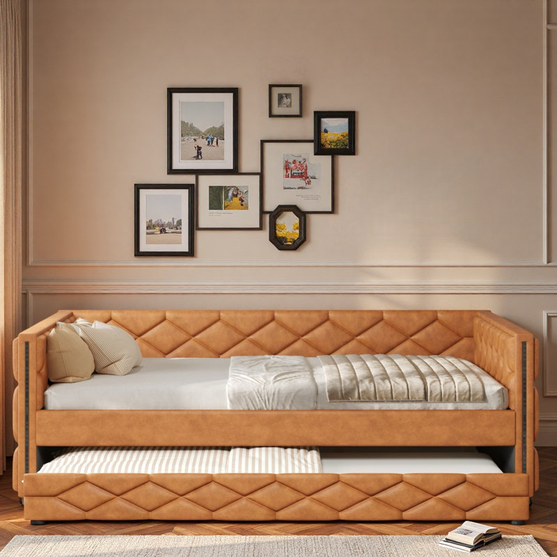 Upholstered Daybed With Trundle And Led, Brown