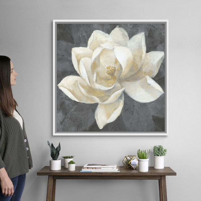 Impression sur toile majestueuse magnolia neutre, Cadre blanc, H 36 po x l 36 po x P 1,75 po