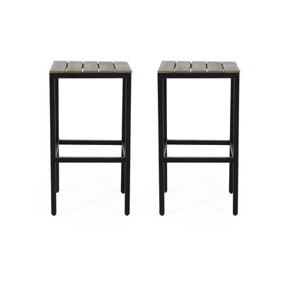 Wood Bar Stools For Outdoor, Pair. Gray Finish. Metal Frame With Slatted Back And Seat. 15.65" W X D 29.79" H Modern Industrial Stools, 2. Gray Wood, Black Frame. Slat Design Outdoor.