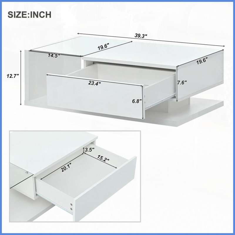 Table basse moderne en bois blanc - plateau en verre trempé, tiroir de rangement et amp; Tablette ouverte pour le salon