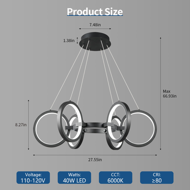 Luminaire suspendu rond à intensité variable 6 lumières DEL moderne pour îlot de cuisine, Noir mat