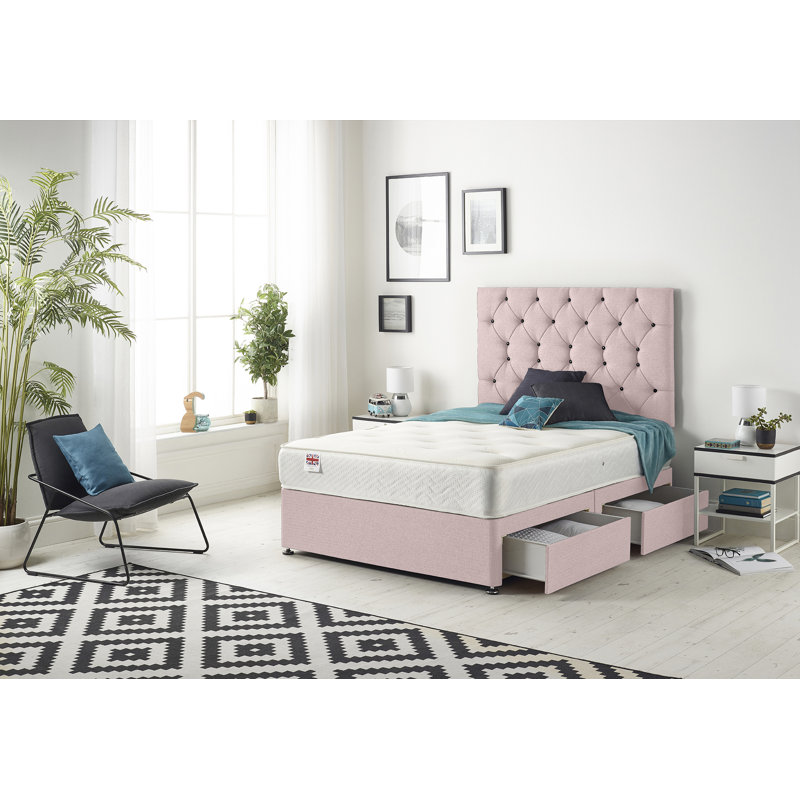 Copple Coilsprung Divan Bed Set, Small Double (4'), Pink, 2 Drawers