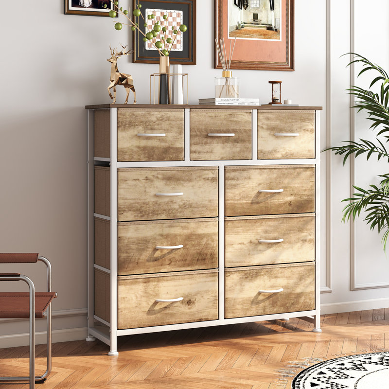 39.37'' W 9-Drawer Fabric Dresser with Wood Top, Storage Chest, Golden Oak/White