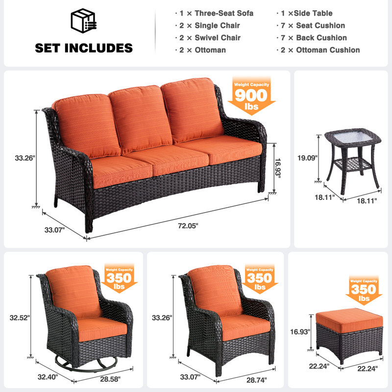Ensemble de conversation en rotin 7 pièces avec chaises pivotantes et canapé toutes saisons Amerissa Amerissa, Brun