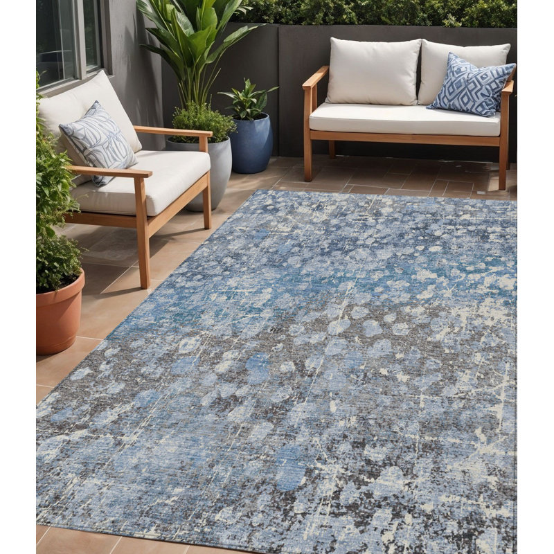 Tapis d'extérieur lavable abstrait bleu et gris 5 pi x 8 pi