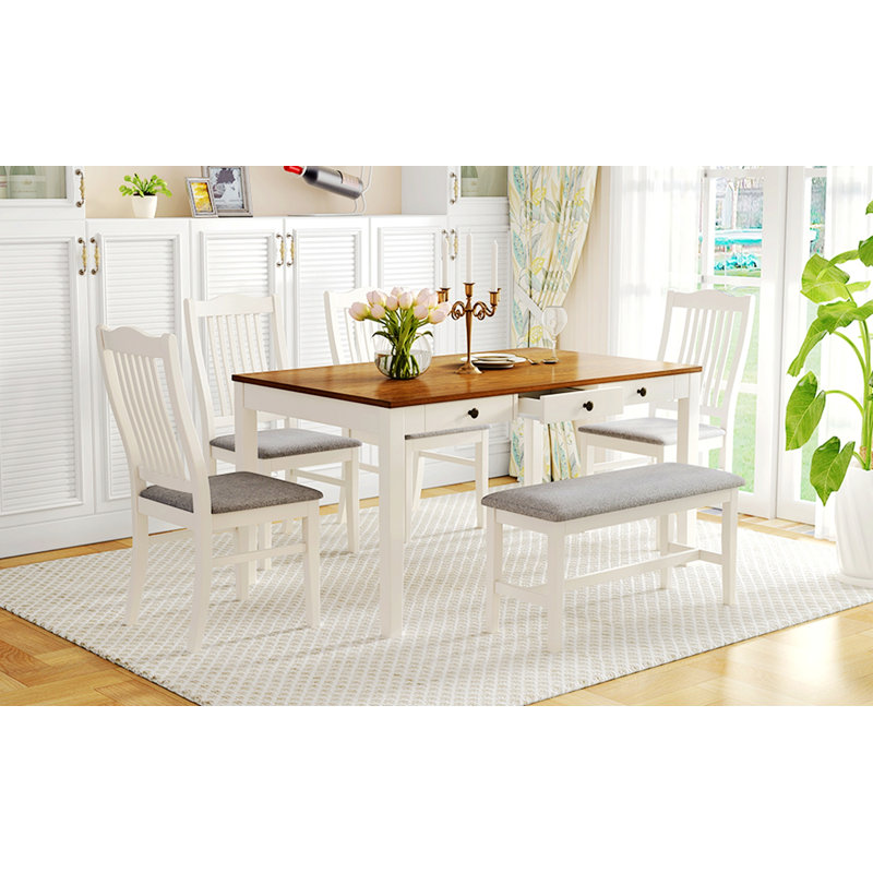 Ensemble de salle à manger Mid-Century 6 pièces avec tiroir de rangement, sièges rembourrés, 1 table avec 4 chaises et 1 banc pour la salle à manger