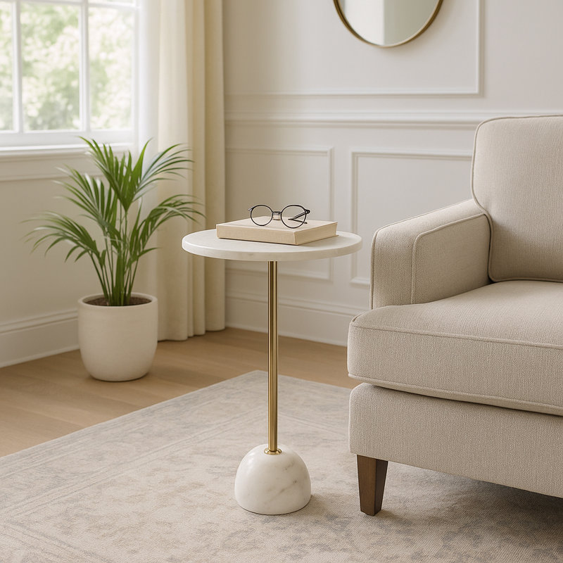 Table d'appoint en marbre et pierre Glam pour le salon, la chambre à coucher ou le bureau., Doré / Blanc, Blanc