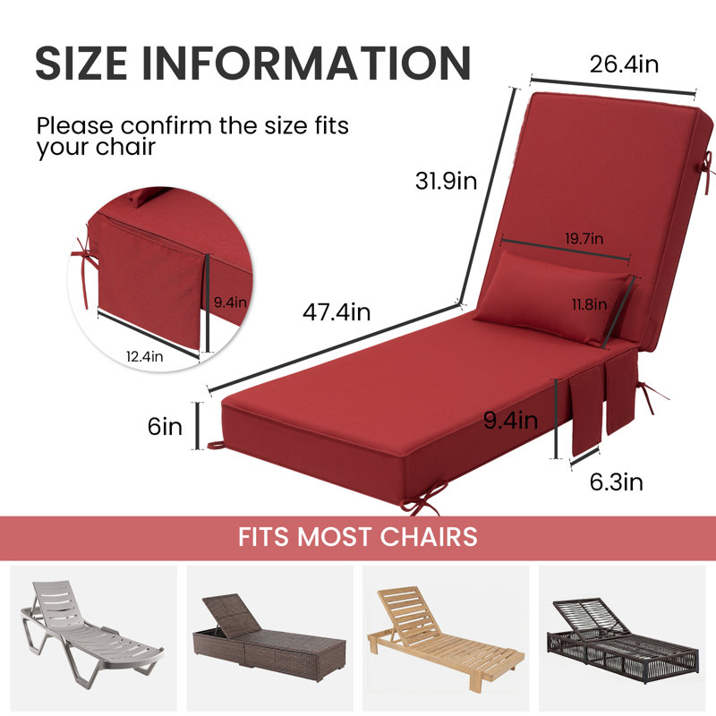 26.5'' W x 80'' D x 6'' H Outdoor Chaise Lounge Seat / Back Cushion with Pillow and Pocket, 2, Chili Red