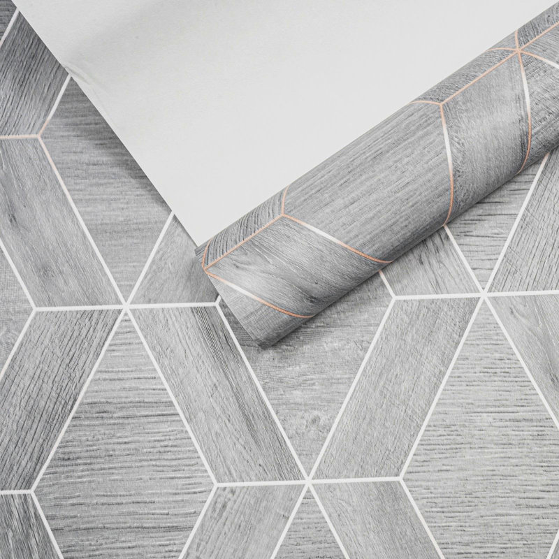  Modern Geometric Wood Panel Wallpaper Parquet Grey Rose Gold Metallic 271392