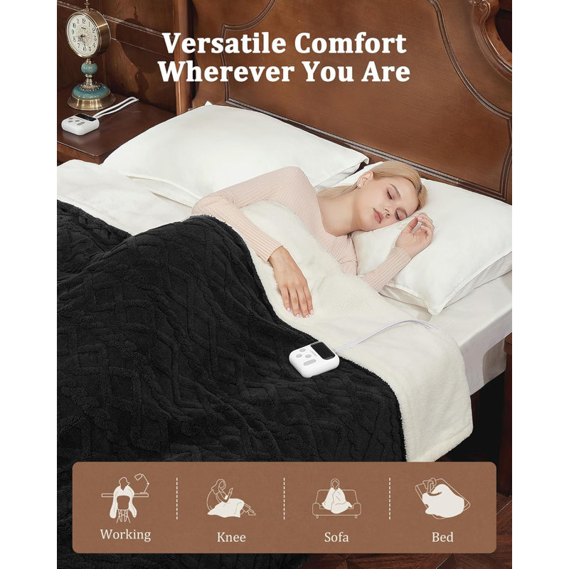 Throw 50" x 60" Black Heated Blanket – 10 Heat Settings, LCD Controller, Fast Heating