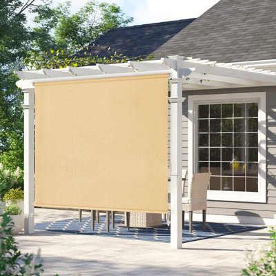 Outdoor Roller Shade  Fabric Blind Sesame 220GSM Roll Up Shade, Wand Operation Exterior Roller Shade Cloth for Patio Porch Gazebo, Spliced of Two