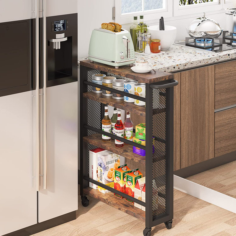 Keyana Narrow Wood and Metal Rolling Cart Kitchen Cart