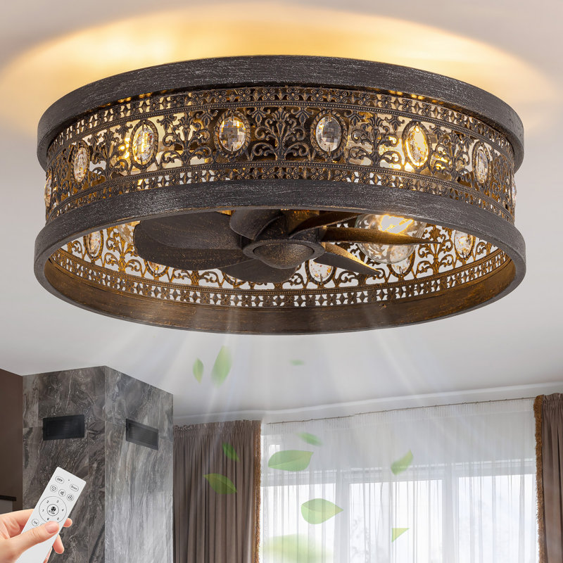 Caged Ceiling Fans with Lights,Vintage Victorian Rustic Crystal Fandelier,Low Profile Flush Mount,Small Enclosed Bladeless Ceiling Fan with Light for Bedroom,Kitchen,Living Room,Dining Room