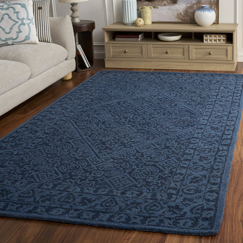 Pimentel Hand Tufted Wool/Cotton Geometric Rug in Navy Blue, Rectangle 5' x 8'