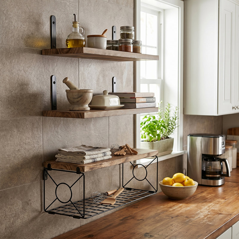 Paulownia Wood, Metal Floating Shelf