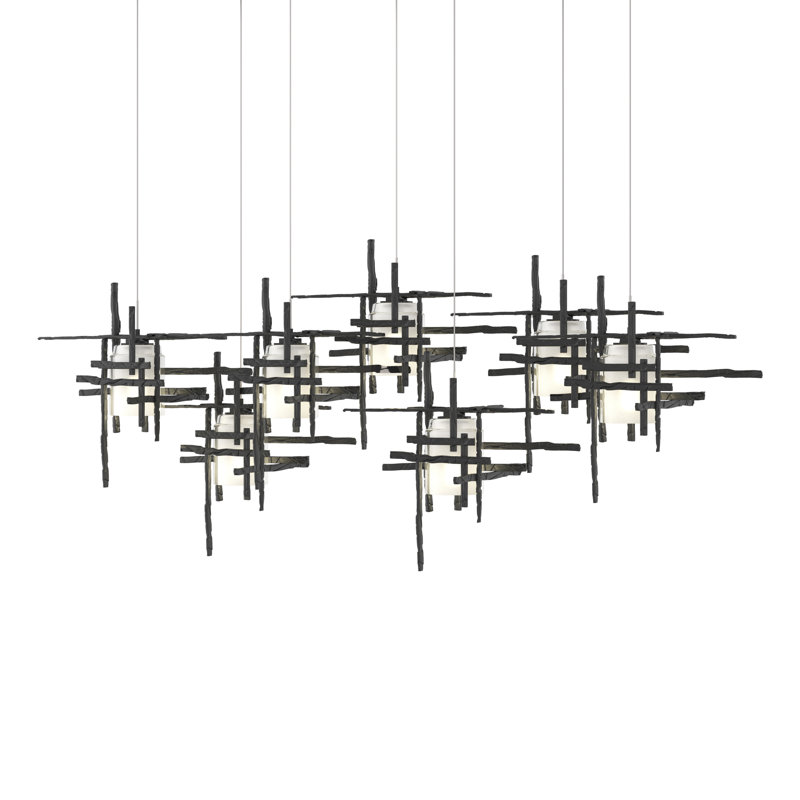 Tura 7-Light Glass Rectangular Pendant, 30" - 80", Seeded Clear, Black