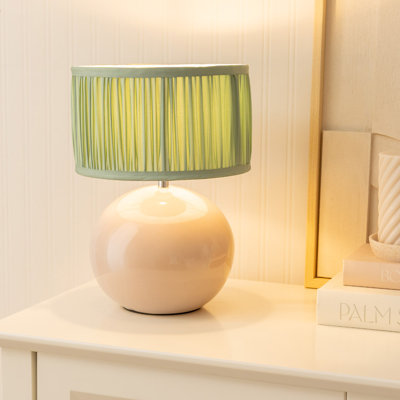 Rudolphe Stone Ceramic Table Lamp with Ruched Pleated Powder Fabric Drum Lamp Shade