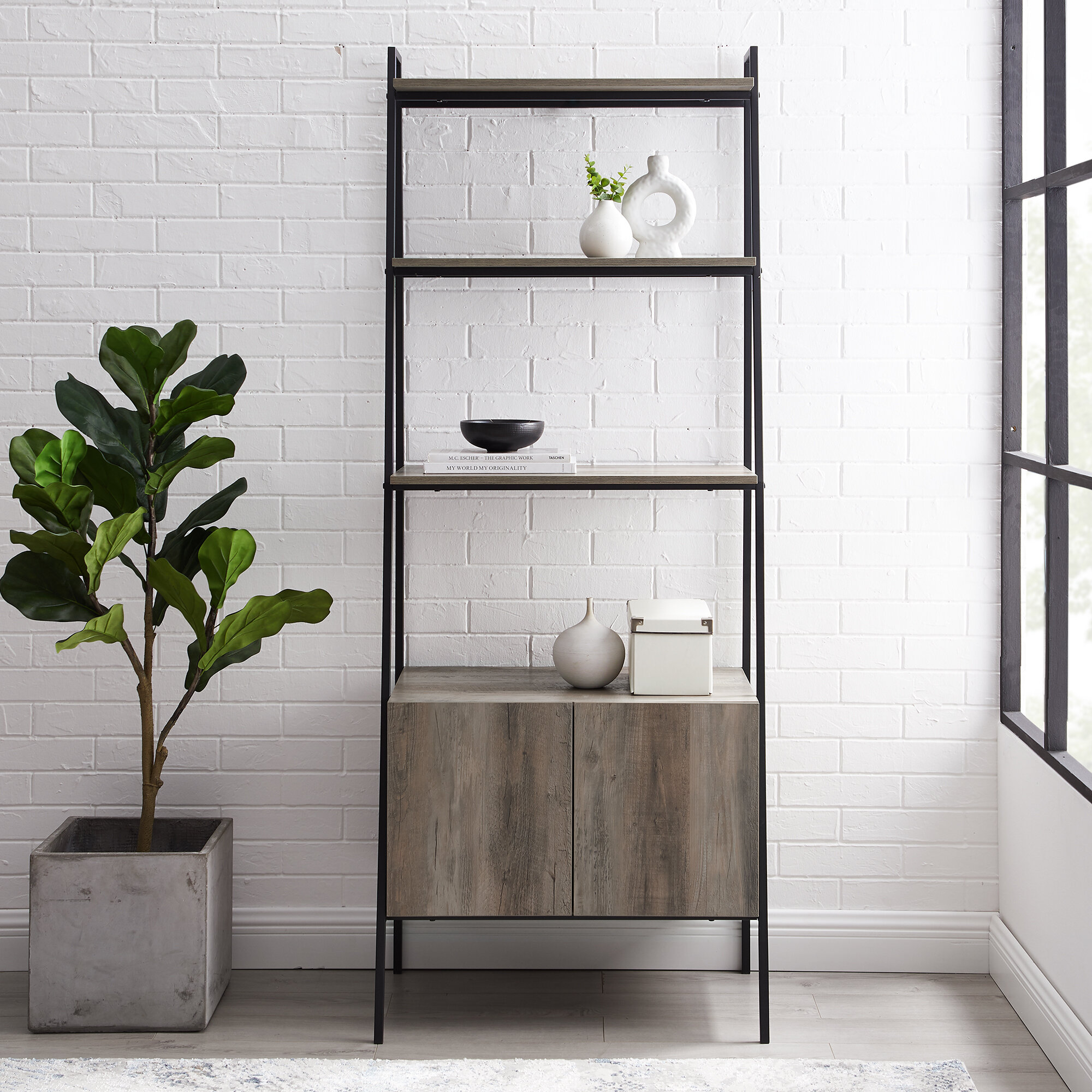 Grey wood deals ladder shelf