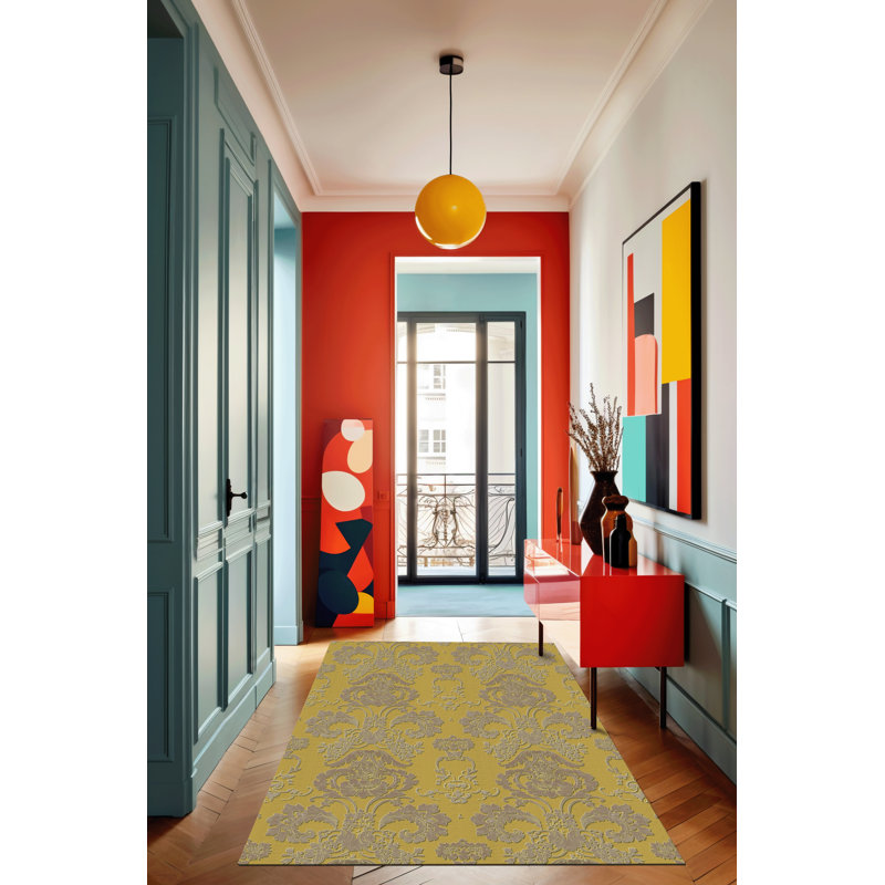Tapis décoratif gris à motif de roses traditionnel, Tapis de couloir 3 pi 9,81 po x 9 pi 10,11 po