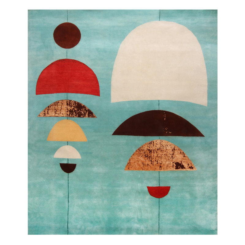 Mid Century Modern Hand Knotted Geometric Area Rug, Rectangle 10' x 14'