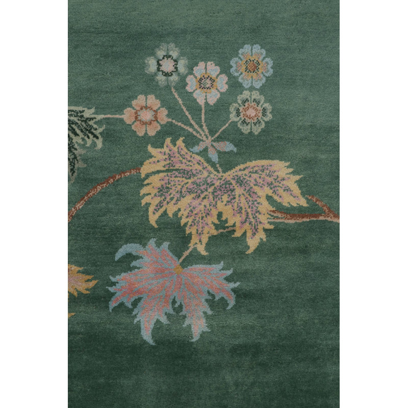 Rug & Kilim’S Chinese Art Deco Rug In Green With Brown And Blue Floral Patterns, Rectangle 5' x 7'